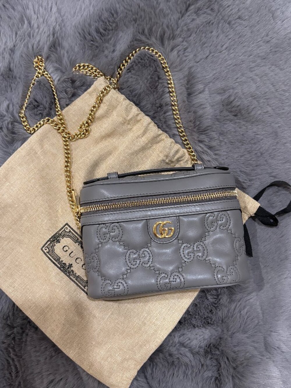 NEW Gucci Mini Bag Top Handle Vanity Gray Quilted Leather Gold Chain Crossbody